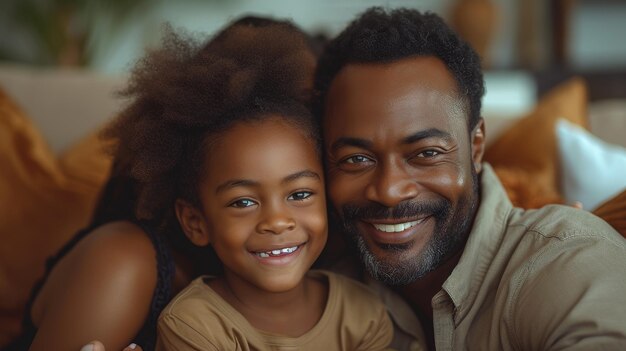 This black family is happy but relaxed on the sofa with their boy and parents hugging and laughing in their living room A happy family where mothers and fathers play with their sons and they are