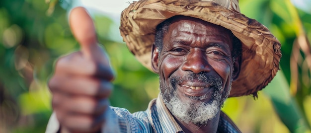 Этот чернокожий фермер с нетерпением ждет урожая сахарного тростника и поднимает большой палец рукой и улыбается Бразилия Сахарная тростниковая ферма Позитивный жест