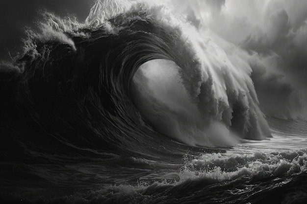 This black and white photo captures the immense power of a massive ocean wave as it crashes against the shore Detailed depiction of a towering wave midcrash AI Generated