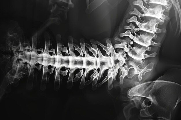 Foto questa foto in bianco e nero mostra uno scheletro che evidenzia la sua intricata struttura e i dettagli della proiezione a raggi x della colonna vertebrale.