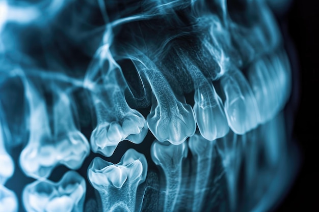 Это синее рентгеновское изображение дает четкое и детальное изображение зуба, дающее представление о здоровье зубов. 3D-рентгеновское изображение зубов человека. Сгенерировано с помощью искусственного интеллекта.