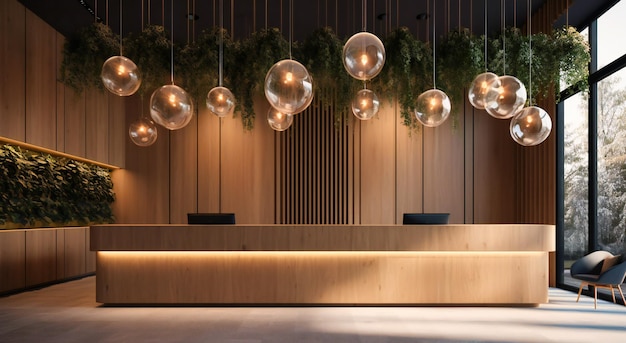 This building feature modern reception desks and plants on the walls