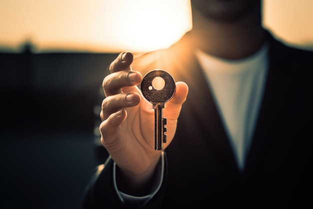 Photo this businessman is holding the key to success and looking forward to the future this image symboli