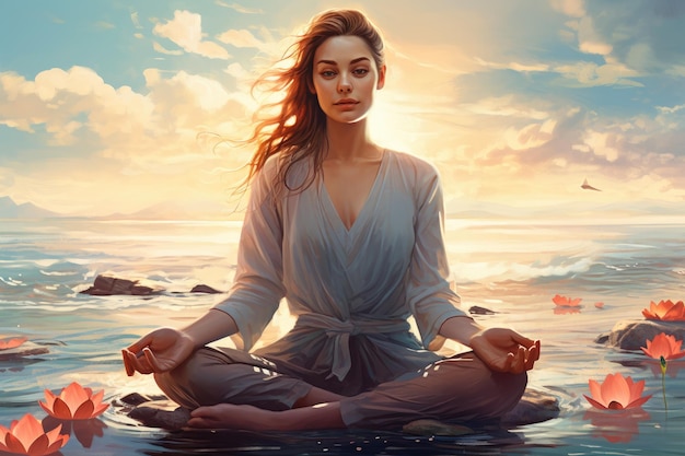 This captivating painting depicts a woman in a serene meditation pose amidst the soothing waters Woman meditating on the sea beach in lotus position AI Generated