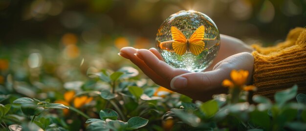 Photo this card for earth day depicts an earth globe and several butterflies with yellow wings in a human hand on a grass background saving the environment and maintaining a clean green planet concept