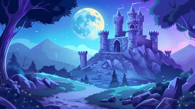 In this cartoon dusk scene with a royal palace standing near the foot of the mountains under the light of the full moon we see a stone roadway leading to a fairytale medieval castle with high towers