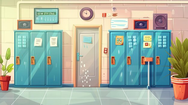 In this cartoon interior elements set lockers with closed doors water flowing over a sink a noticeboard with announcements and bulletins a bell a wall clock a speaker and a plant are