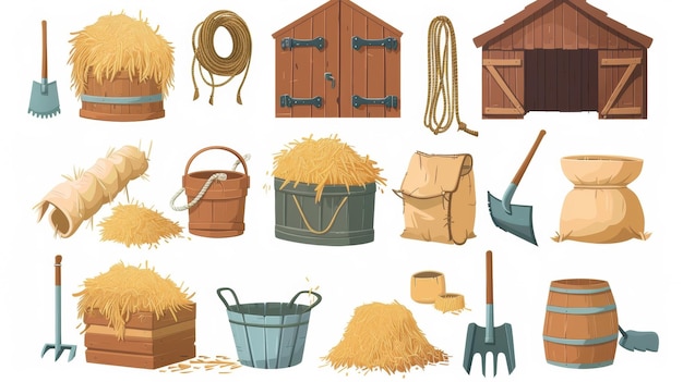 Photo this cartoon modern illustration set of ranch interior objects includes hay stack wooden box rope and sack shovel and pitchfork barn and bucket it is a set of cartoon modern illustrations