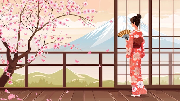 Foto in questa moderna illustrazione di cartoni animati una ragazzina si trova su un patio indossando un kimono e tenendo in mano un ventaglio come parte di un paesaggio giapponese con una montagna e sakura in fiore