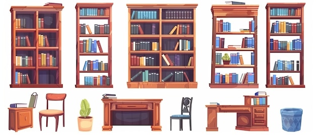 Фото Этот современный мультфильм изображает внутреннюю мебель школьной библиотеки или книжного магазина. он включает в себя деревянный шкаф с рядами книг на полках, стол с стопом литературных стульев и