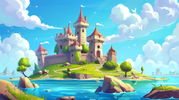 This cartoon modern summer landscape of ancient magic palace with towers surrounded by water features a royal castle in the meadow on an island in the sea or lake It is a king39s medieval house under