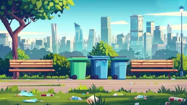 Фото Эта сцена мультфильма показывает грязный общественный парк с мусорными контейнерами для сортировки и переработки мусора деревянные скамейки и городские здания на горизонте