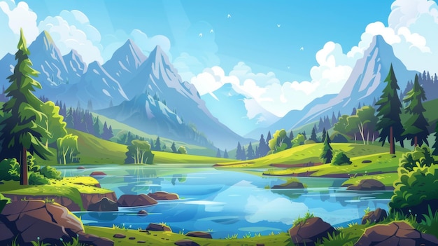 This cartoon summer landscape has a lake in a forest on a sunny day The water is blue in a pond with green grass and trees along the shore There are high peaks of hills and a blue sky above