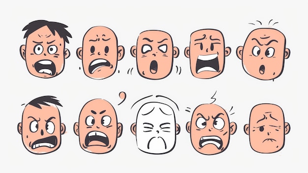 This charming handdrawn style modern illustration shows a face with a variety of emotions