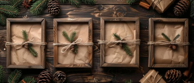 On this Christmas background there are four empty empty photo frames in vintage style on wooden planks A concept for the new year and the winter holidays is presented An empty space for your photo