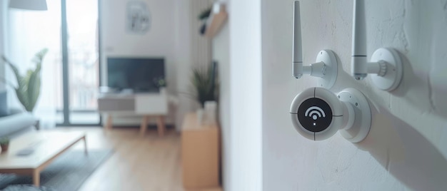 Photo this close up object shot shows a wifi camera with two antennas on a white wall in a cozy apartment with a wifi icon above it