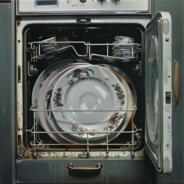 In this closeup image the open door of a dishwashing reveals a collection of dirty plates and cups