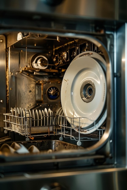 In this closeup image the open door of a dishwashing reveals a collection of dirty plates and cups