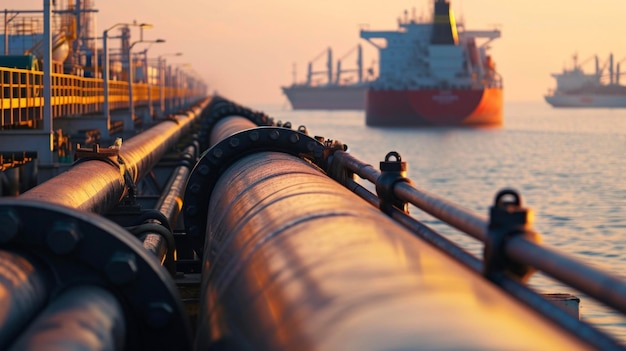 Photo in this closeup image a pipeline and a tanker ship are side by side in a bustling port highlighting