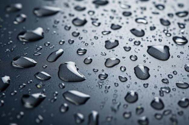 This closeup photo captures the detail of water droplets on a smooth black surface Closeup of water droplets on a metallic surface AI Generated