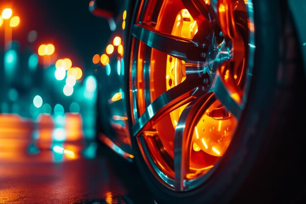 Этот крупный план изображает сложные детали колеса автомобиля в четком фокусе драматический крупный план светящегося тормозного диска на спортивной машине во время ночной гонки, созданный ИИ
