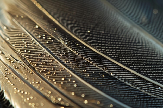 This closeup photo captures the intricately formed water droplets resting on the delicate surface of a feather Extreme closeup of a feather showing the details AI Generated