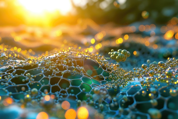 This closeup photo captures the water bubbles forming and resting on a textured rock Nanotechnology landscape with microscopic view of nanostructures AI Generated