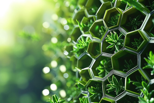 Foto questa foto in primo piano mostra un muro interamente costituito da piante verdi che forniscono uno sfondo naturale e vibrante una soluzione di energia verde alimentata dalla nanotecnologia