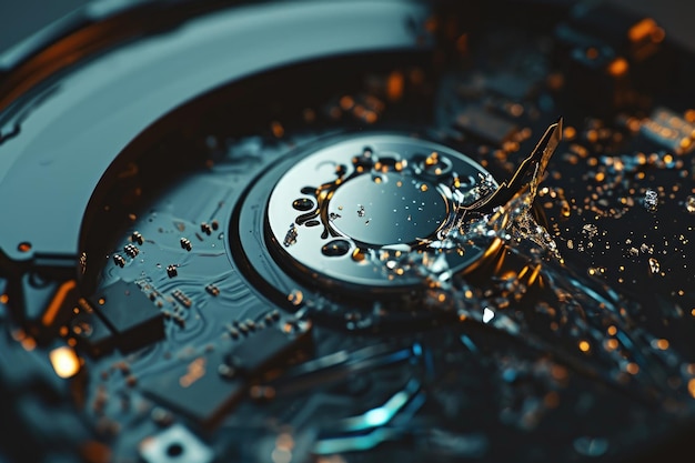 This closeup photograph captures the intricate details of the inner workings of a watch A damaged hard drive data recovery concept AI Generated