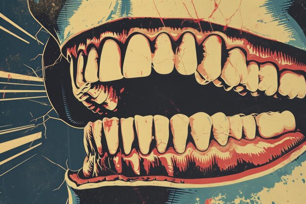 Фото Эта фотография крупного плана демонстрирует плакат с подробным изображением рта с зубами ретро стилизованное изображение зубной травмы ai generated