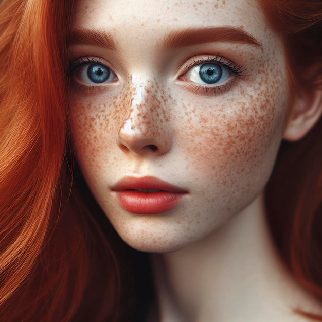 This closeup portrait of young woman with red hair blue eyes and many freckles ai generative