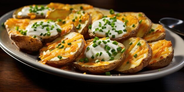 This closeup shot captures a plate of loaded baked potatoes their perfectly baked skins crisped to perfection Piled high with a generous helping of tangy sour cream melted cheddar cheese