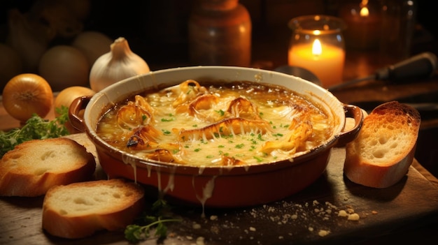 Photo this closeup shot showcases a rustic bowl of french onion soup characterized by its rich caramelcolored broth on top slices of shallots are beautifully caramelized and lightly broiled