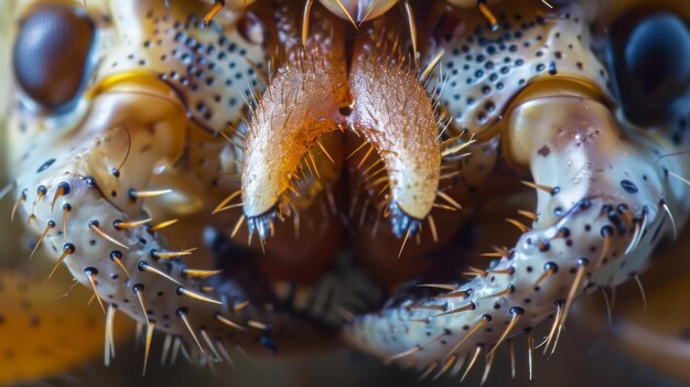 Photo this closeup view of an insects mouth reveals the sharp jagged mandibles used for grasping and