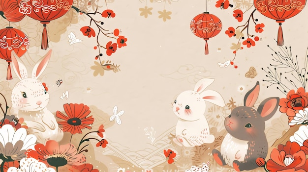 이 CNY year of the rabbit 포스터는 중국 doufang 주변에 귀여운 토끼를 묘사합니다. 일본 패턴 디자인 요소는 베이지 바탕에 있습니다. 텍스트는 행운의 새해입니다.