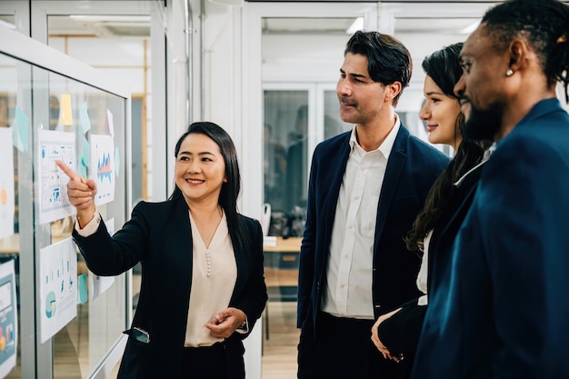 This collaborative meeting showcases colleagues engagement in brainstorming and discussions around a whiteboard Emphasizing effective collaboration goaldriven planning and leadership