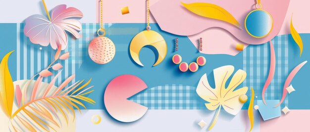 This collage element set features a bright blue checkered background with yellow doodles The style is halatno for an ontrend design Modern cut out objects are available as PNG files