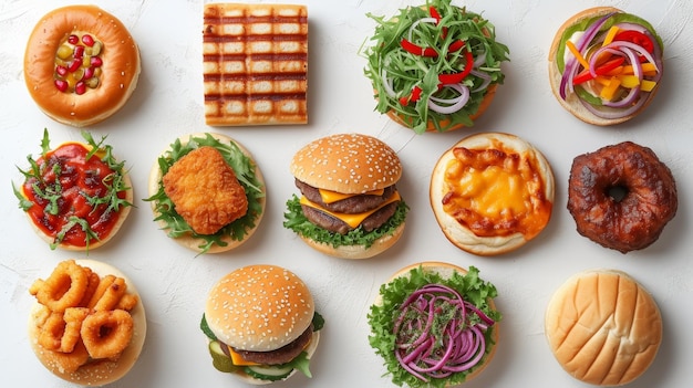 This collection of fast food icons includes cheese burgers turkey roasts shawarmas sandwiches pizza slices tacos chicken nuggets and hotdogs The images are isolated on a white background