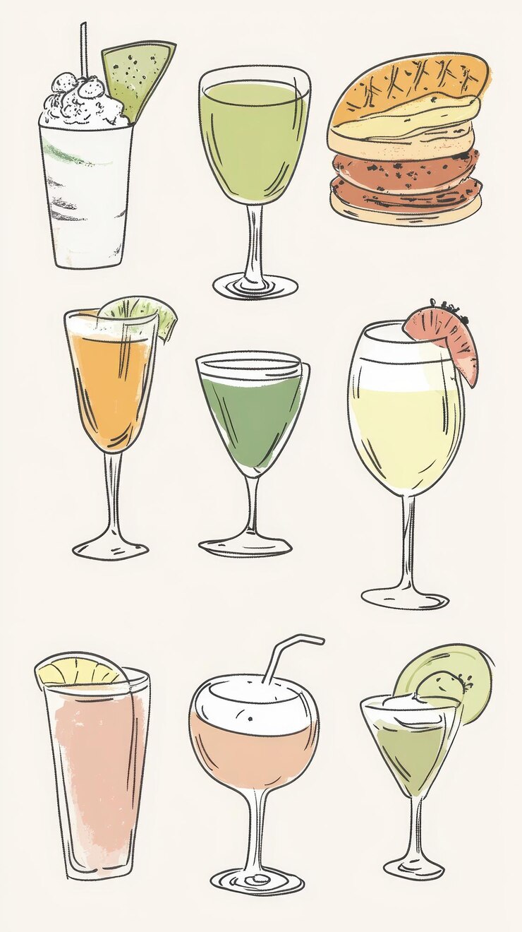 Photo このコレクションには,様々な食品と飲料の手描きのミニマリストのイラストが展示されています.