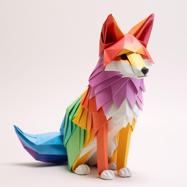 Foto questa colorata volpe origami è fatta di carte di diversi colori su uno sfondo bianco.