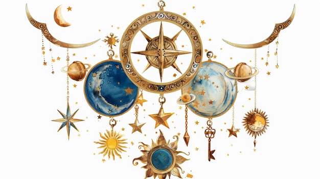 Этот космологический духовный дизайн использует эзотерические символы, такие как луны, звезды, солнца, планеты, ключики и золотые рамки.