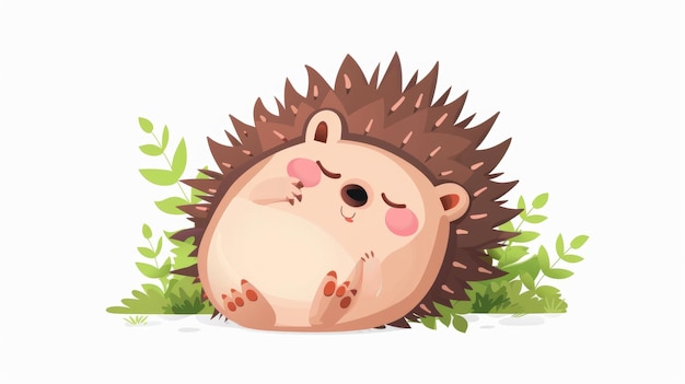 This cute hedgehog is curled up in a funny forest pose as he peeks out from needles and spikes This cute illustration is isolated on white background and has a border around it Kids flat modern