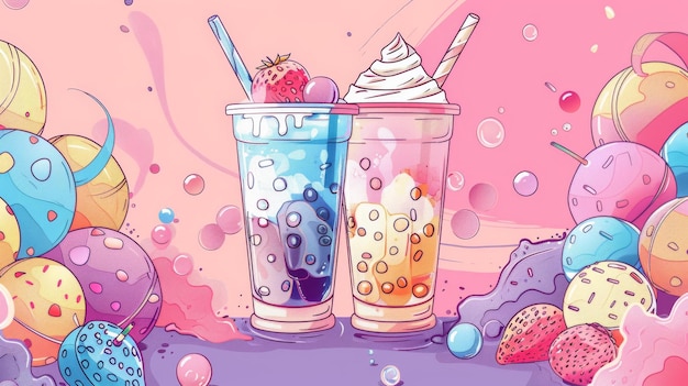 This design features bubble tea special promotions pearl milk tea doodle style banners for beverages with logos and advertisements Vector