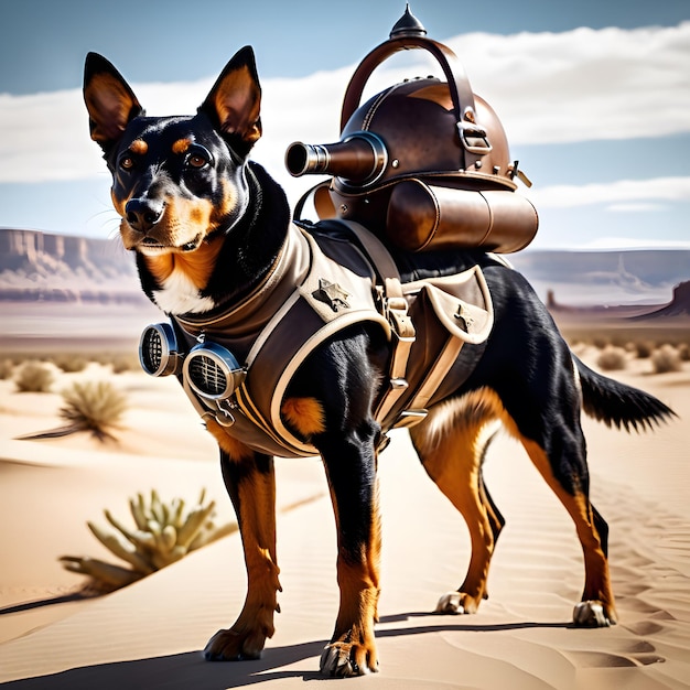 Foto questo cane dieselpunk dolmate è un pilota elegante camminando da vicino si può vedere che questo anthropomo