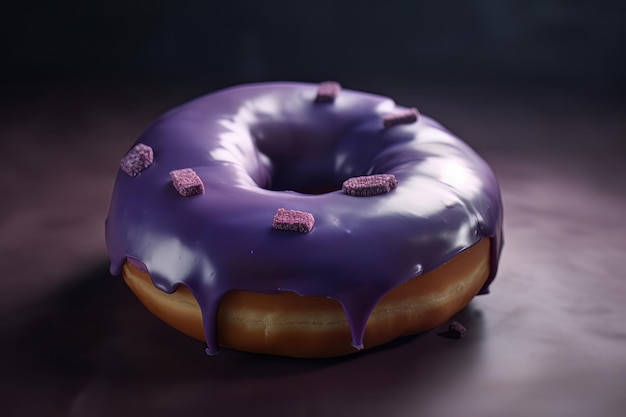 This donut looks amazing it has a lovely purple icing AI generation