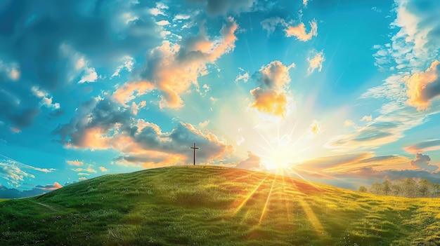 This dramatic Easter Morning Sunrise panorama with blue sky bright clouds sunbeams and large cross on a grass covered hill makes a great banner cover for print or web