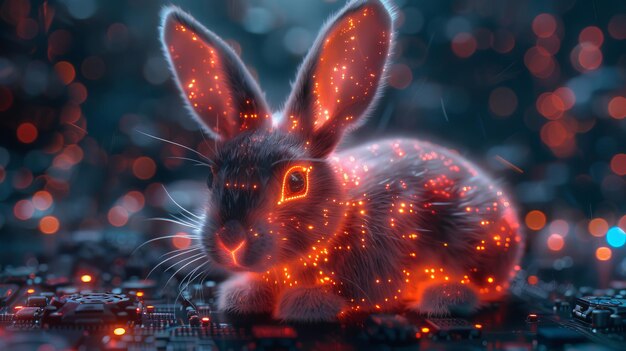 Foto questo coniglietto al neon di pasqua è in uno stile futuristico luminoso biglietto di auguri con un tema festivo modello 3d di orecchie di lepre con modello di scheda di computer