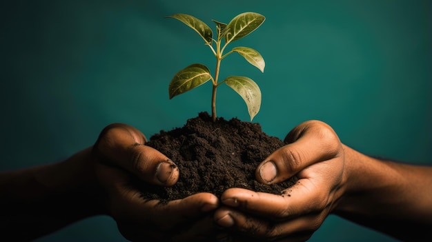 In this ecoconscious image two hands come together to hold a small plant in fertile soil