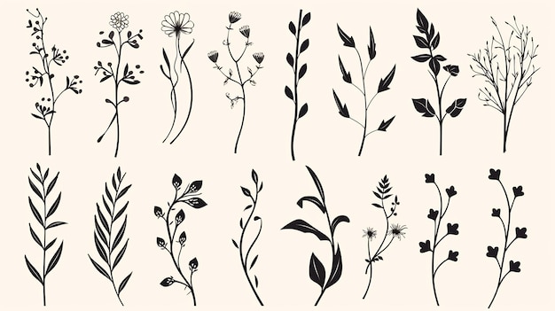 This elegant collection of handdrawn botanical elements includes various types of leaves flowers and plants in detailed