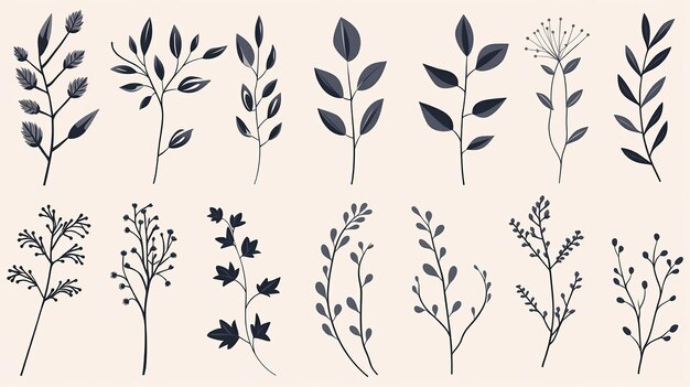 This elegant collection of handdrawn botanical elements includes various types of leaves flowers and plants in detailed